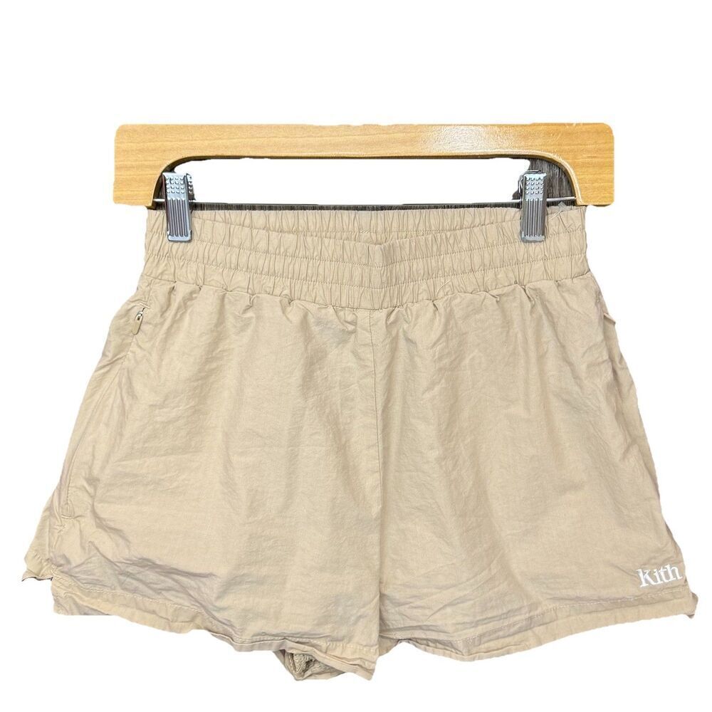 Kith Womens Running Poplin Shorts Size XS Beige Zip Pockets Lined Crinkle Gym